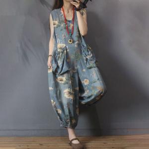 Big Pockets Fluffy Printed Jumpsuits V-Neck Sleeveless Jumpsuits