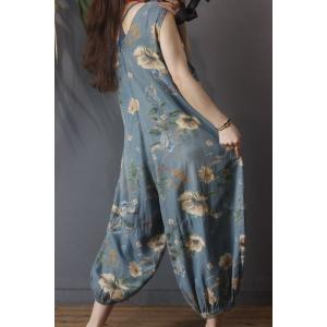 Big Pockets Fluffy Printed Jumpsuits V-Neck Sleeveless Jumpsuits