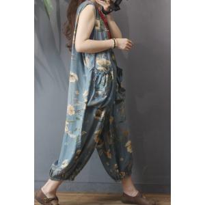 Big Pockets Fluffy Printed Jumpsuits V-Neck Sleeveless Jumpsuits