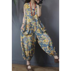 Big Pockets Fluffy Printed Jumpsuits V-Neck Sleeveless Jumpsuits