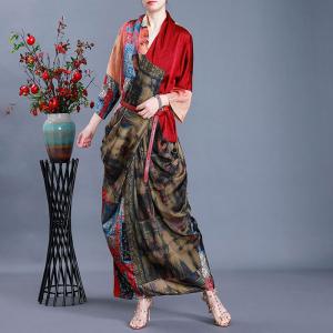 Japanese Style Maxi Kimono Dress Silk Printed Slit Dress