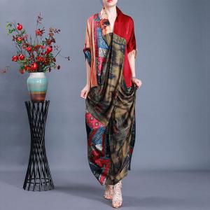 Japanese Style Maxi Kimono Dress Silk Printed Slit Dress