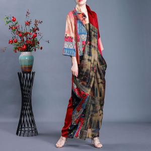 Japanese Style Maxi Kimono Dress Silk Printed Slit Dress