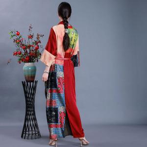 Japanese Style Maxi Kimono Dress Silk Printed Slit Dress