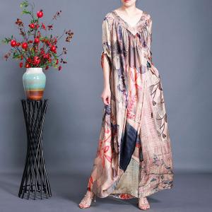 V-Neck Big Slit Silky Maxi Dress with Retro Printing Palazzo Pants