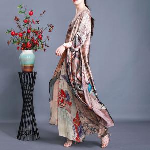 V-Neck Big Slit Silky Maxi Dress with Retro Printing Palazzo Pants