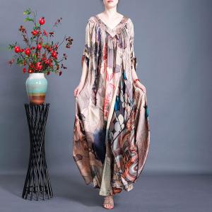 V-Neck Big Slit Silky Maxi Dress with Retro Printing Palazzo Pants