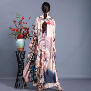 V-Neck Big Slit Silky Maxi Dress with Retro Printing Palazzo Pants