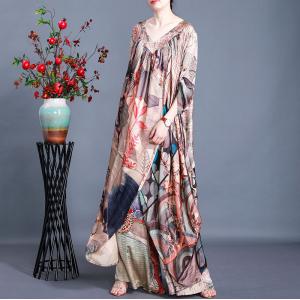 V-Neck Big Slit Silky Maxi Dress with Retro Printing Palazzo Pants