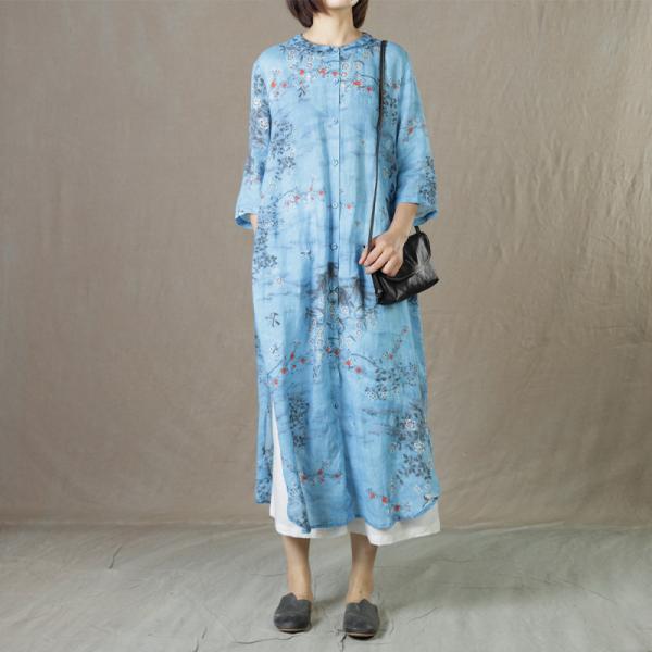 Plum Blossom Ramie Blue Dress Loose Chinese Traditional Dress