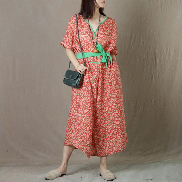 Green Belt Red Floral Summer Dress Loose Linen Wrap Dress