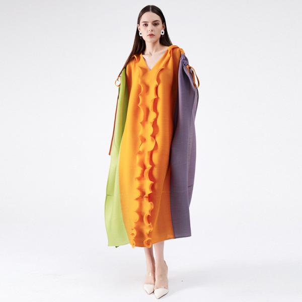 Colorful Ruffled Designer Dress Loose Drawstring Sleeves Pleated Dress