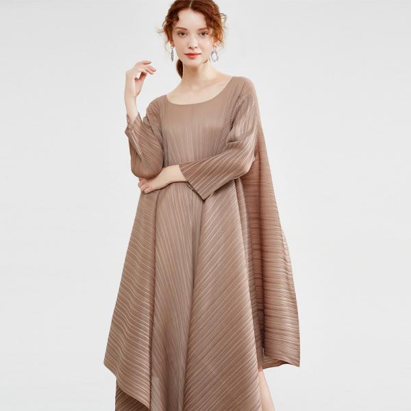 Crew Neck Loose Belted Asymmetrical Poncho Pleated Designer Dress