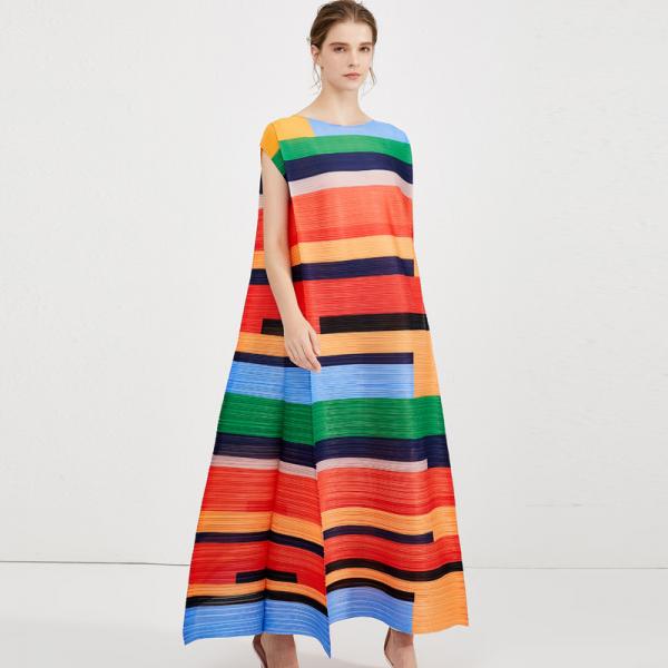 Colorful Striped Loose Sundress Summer Pleated Cruise Dress