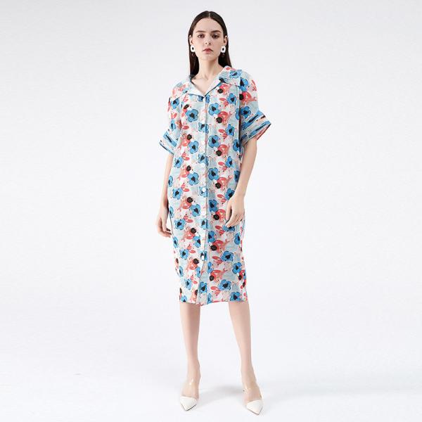 Blue Printed Oversized Shirt Dress Short Sleeve Pleated Dress