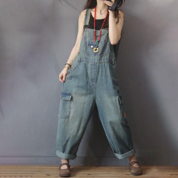 Flap Pockets Fashion Cuffed Overalls Baggy Jean Dungarees