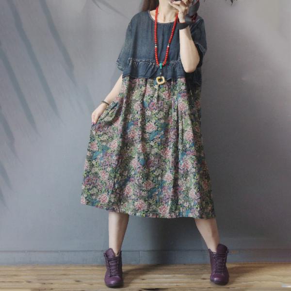 Ditsy Floral Denim Dress High-Waisted Loose Dress