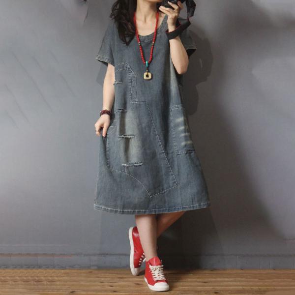 Short Sleeve Denim Ripped Dress Casual Oversized T-shirt Dress