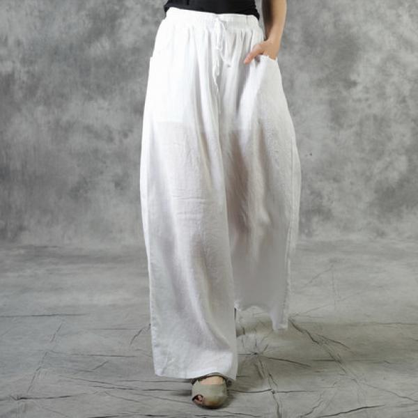 Drawstring Waist White Palazzo Pants Ramie Embroidered Trousers