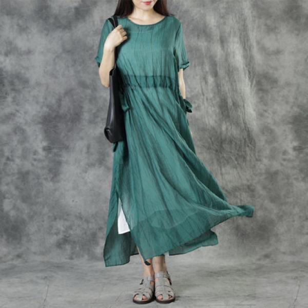 Solid Color Slim Waist Maxi Dress Silk Linen Sheer Dress