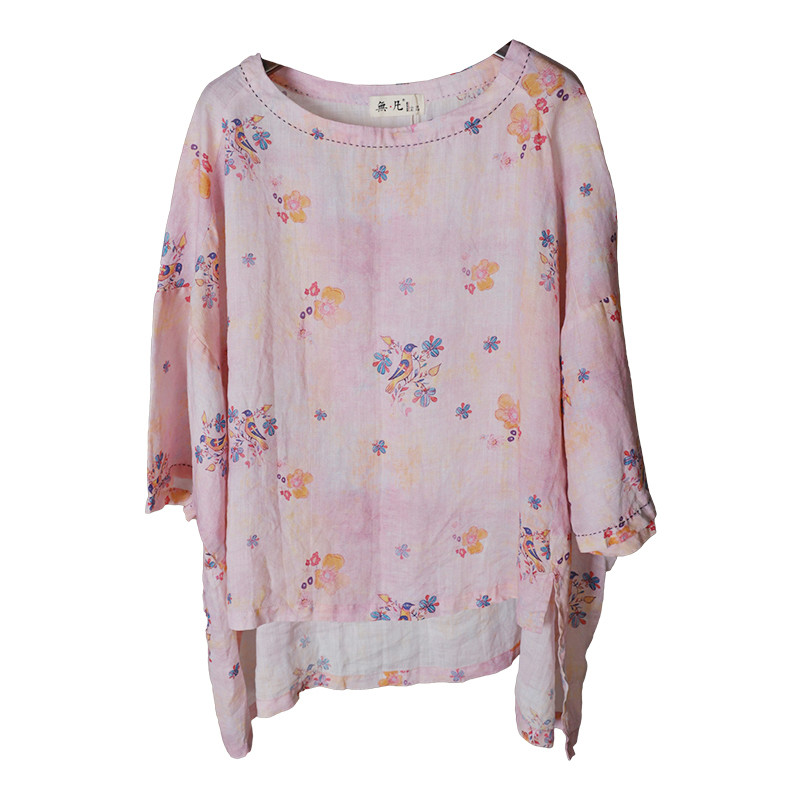 Bird and Flowers Pink Shirt Large Size Ramie Shirt Womens in Light ...