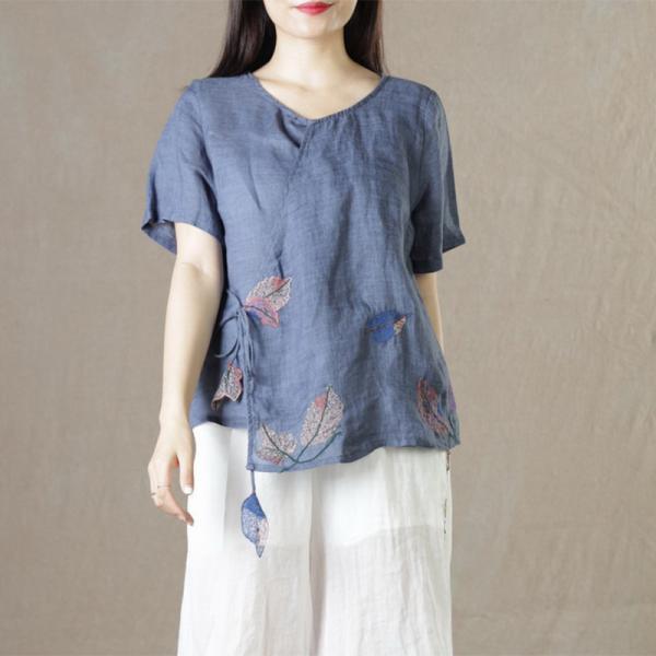 Short Sleeve  Embroidered Leaf Blouse Ramie Tied Ladies Shirt