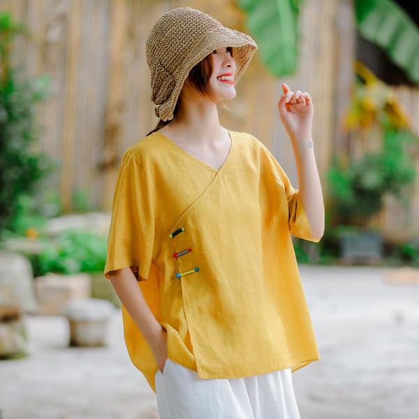 V-Neck Chinese Buttons Oversized Shirt Ramie Vintage Blouse