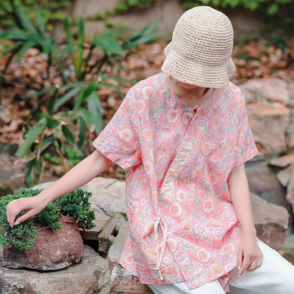 Short Sleeve Slanted Belted Shirt Loose Linen Resort Wear