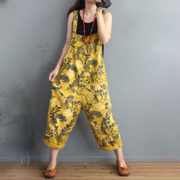 Leaf and Flowers Cotton Overalls Loose-Fit Yellow Dungarees for Women