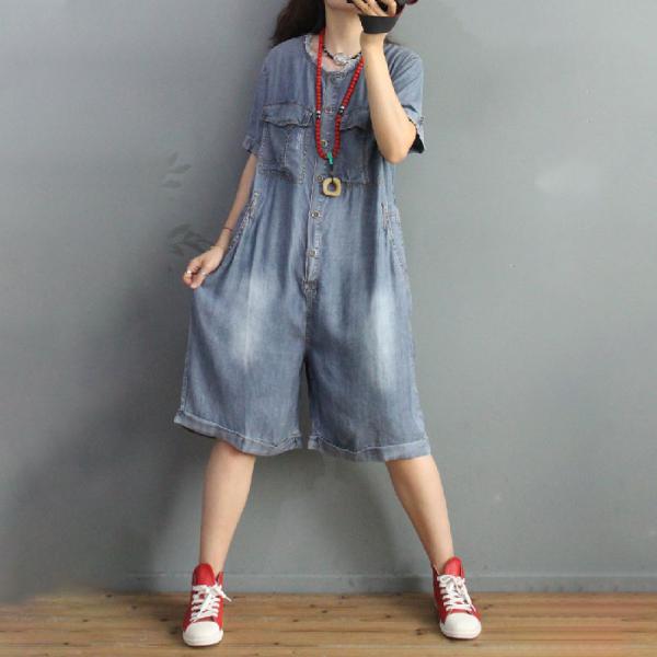 Front Flap Pockets Short Coveralls Comfortable Denim Jumpsuits