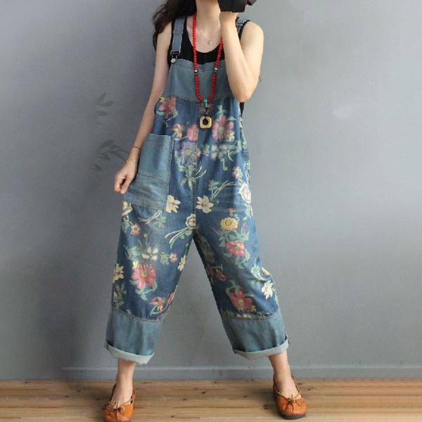 Colorful Flowers Big Pocket Jean Dungarees Baggy 90s Overalls