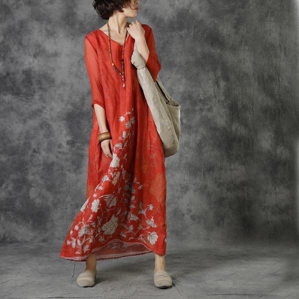 Silk Sleeves Printed Red Dress Loose Ramie Tied Dress