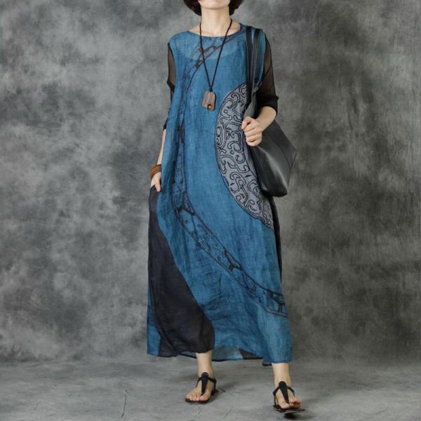 Black Sleeves Totem Pattern Blue Dress Ramie Tied Shift Dress