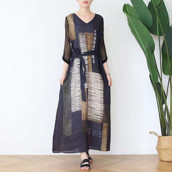 V-Neck Abstract Pattern Black Tie Knot Dress Ramie Loose Maxi Dress