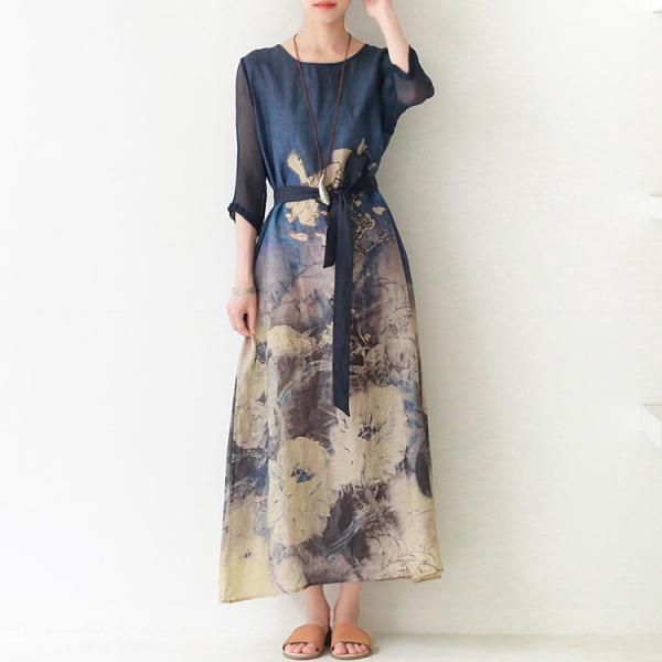 Beautiful Printing Tied Chinese Dress Silk Sleeves Vintage Maxi Dress