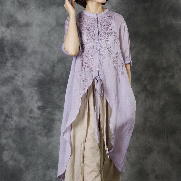 Solid Color Asymmetrical Long Tunic Embroidery Shirt Womens