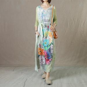 Colorful Flowers Ramie Tie Up Dress Silk Sleeves Loose Elegant Dress