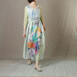 Colorful Flowers Ramie Tie Up Dress Silk Sleeves Loose Elegant Dress