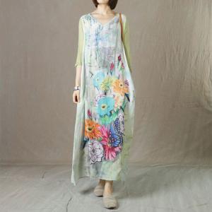 Colorful Flowers Ramie Tie Up Dress Silk Sleeves Loose Elegant Dress