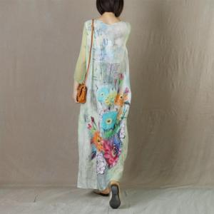 Colorful Flowers Ramie Tie Up Dress Silk Sleeves Loose Elegant Dress