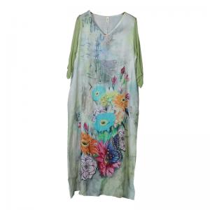 Colorful Flowers Ramie Tie Up Dress Silk Sleeves Loose Elegant Dress