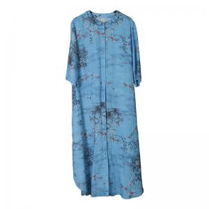 Plum Blossom Ramie Blue Dress Loose Chinese Traditional Dress