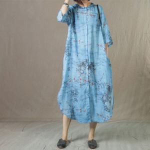 Plum Blossom Ramie Blue Dress Loose Chinese Traditional Dress