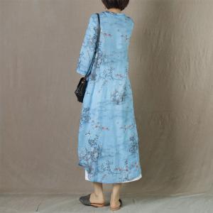 Plum Blossom Ramie Blue Dress Loose Chinese Traditional Dress