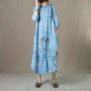 Plum Blossom Ramie Blue Dress Loose Chinese Traditional Dress