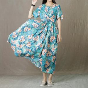 Gardenia Flowers Tie Front Dress Ramie Blue Cruise Dress