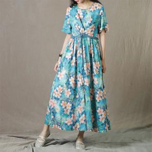 Gardenia Flowers Tie Front Dress Ramie Blue Cruise Dress