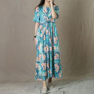 Gardenia Flowers Tie Front Dress Ramie Blue Cruise Dress