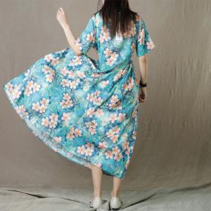 Gardenia Flowers Tie Front Dress Ramie Blue Cruise Dress