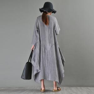 Long Sleeve Gray Fit and Flare Dress Loose Maxi Flax Clothing